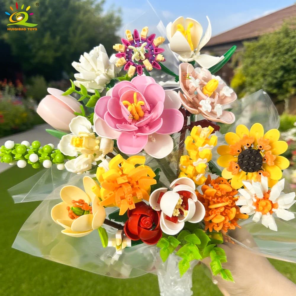 HUIQIBAO MOC Flower Bouquet Model Micro Building Block DIY Rose Eternal Home Desk Plant Decoration Brick Girl Gift Children Toy