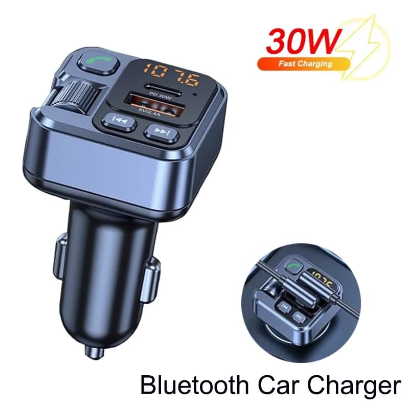 مستقبل بلوتوث للسيارة مشغل MP3 مع ولاعة سجائر وشاحن، مزود بمنفذي USB-A وUSB-C للشحن السريع وشاشة LED وإرسال FM