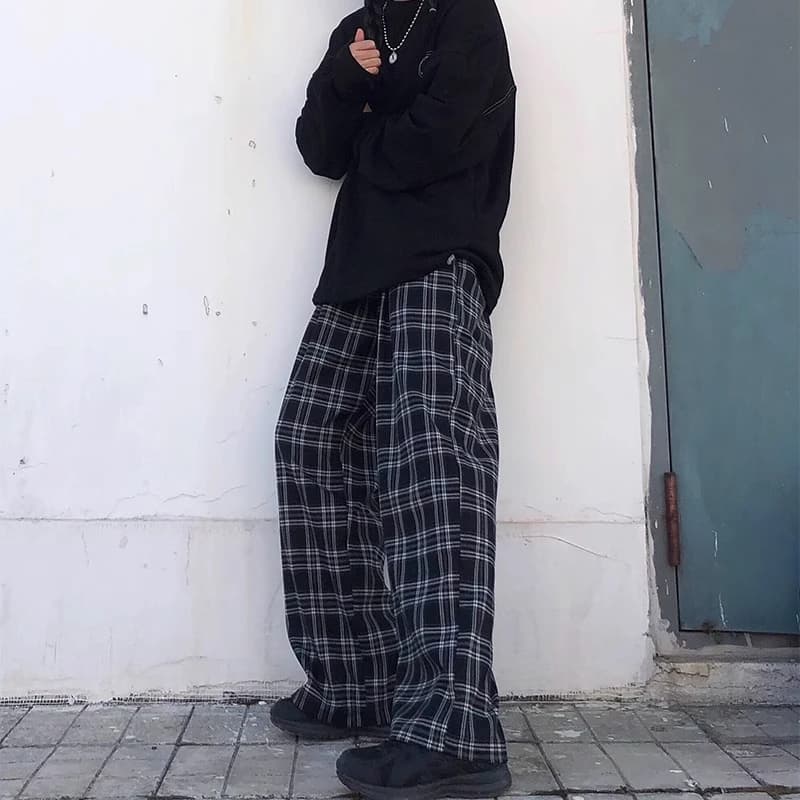 Oversize Pants Women Sweatpants Summer Fashion Black Plaid Casual Pants Elastic Waist Casual Pockets Student Unisex Trousers - 3