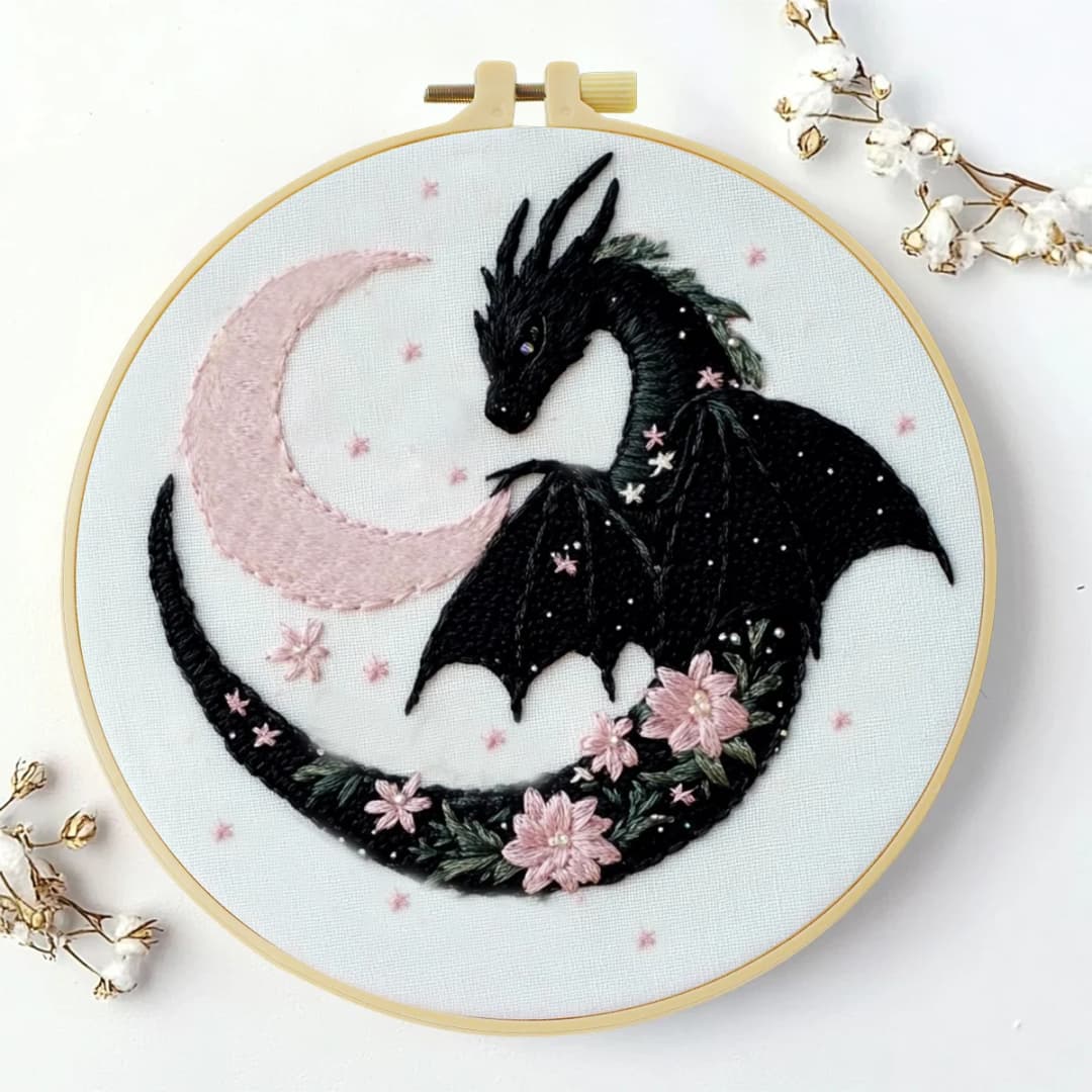 1pc 20X20CM/7.87inch The Dragon and the Moon Embroidery Starter Kit DIY kit Set for Beginner Craft Painting Sewing Art - 3