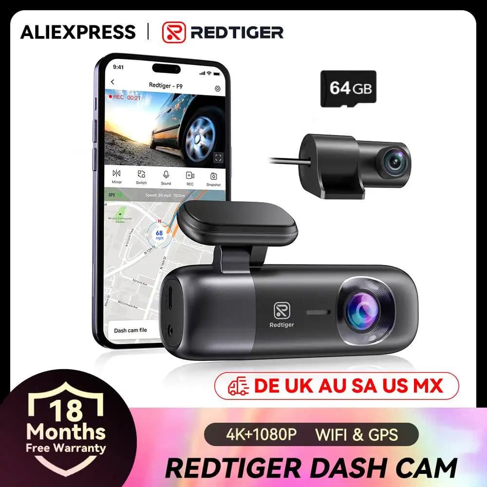 كاميرا سيارة REDTIGER F9 Dash Cam 4K أمامية وخلفية WiFi GPS لوضع ركن السيارة 64 جيجابايت للرؤية الليلية ومسجل السيارة عن طريق التحكم في التطبيق