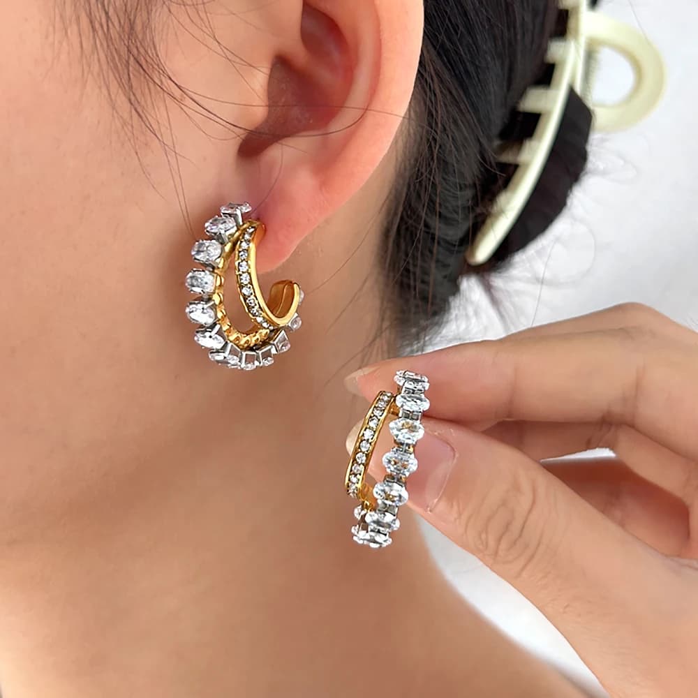 Shiny Bling White Zirconia Stainless Steel Ear Stud Luxury Irregular C Shape Hoop Earrings Golden Ear Jewelry Anti Allergic - 2