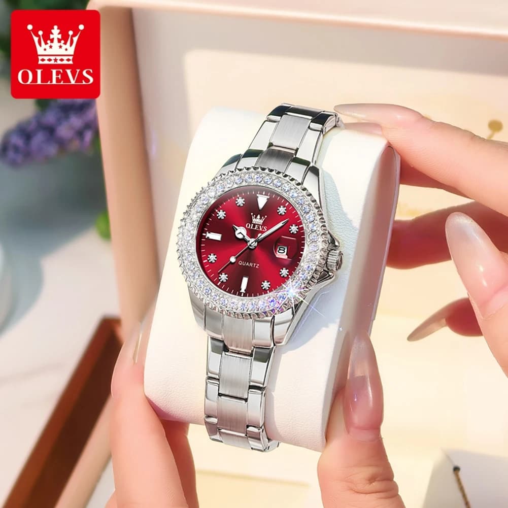 ساعة OLEVS 9945 الأصلية مرصعة بالألماس للنساء، ساعات كوارتز فاخرة وأنيقة، مقاومة للماء، ساعات يد نسائية من الفولاذ المقاوم للصدأ