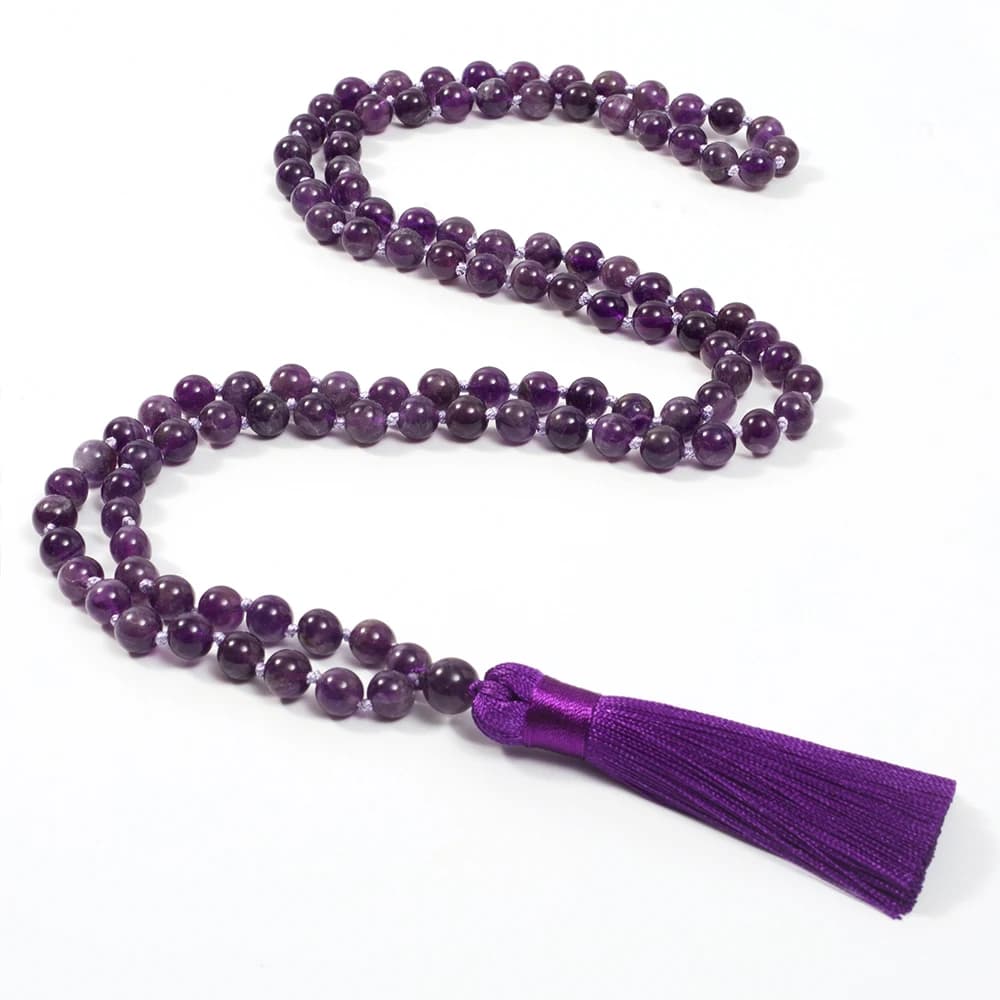 عقد مسبحة من حبات الأميثيست الطبيعية 8 مم معقودة 108 حبة جابا مالا مجوهرات يوجا وتأمل وصلاة للرجال والنساء - 4