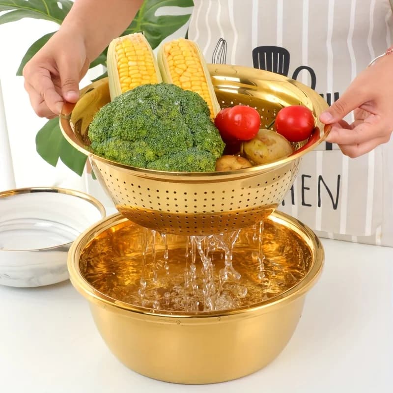 3-In-1 Stainless Steel Kitchen Set, Equipped with Built-in Grinding, Multifunctional Filter, and Mixing Bowl - 3