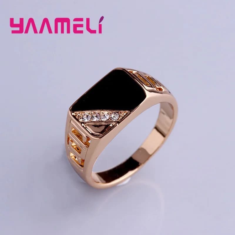 Classic Male Mens Wide Band Ring Unique 925 Sterling Silver Plated White Black Rhinestone Square Statement Hip Hop Jewelry - 5