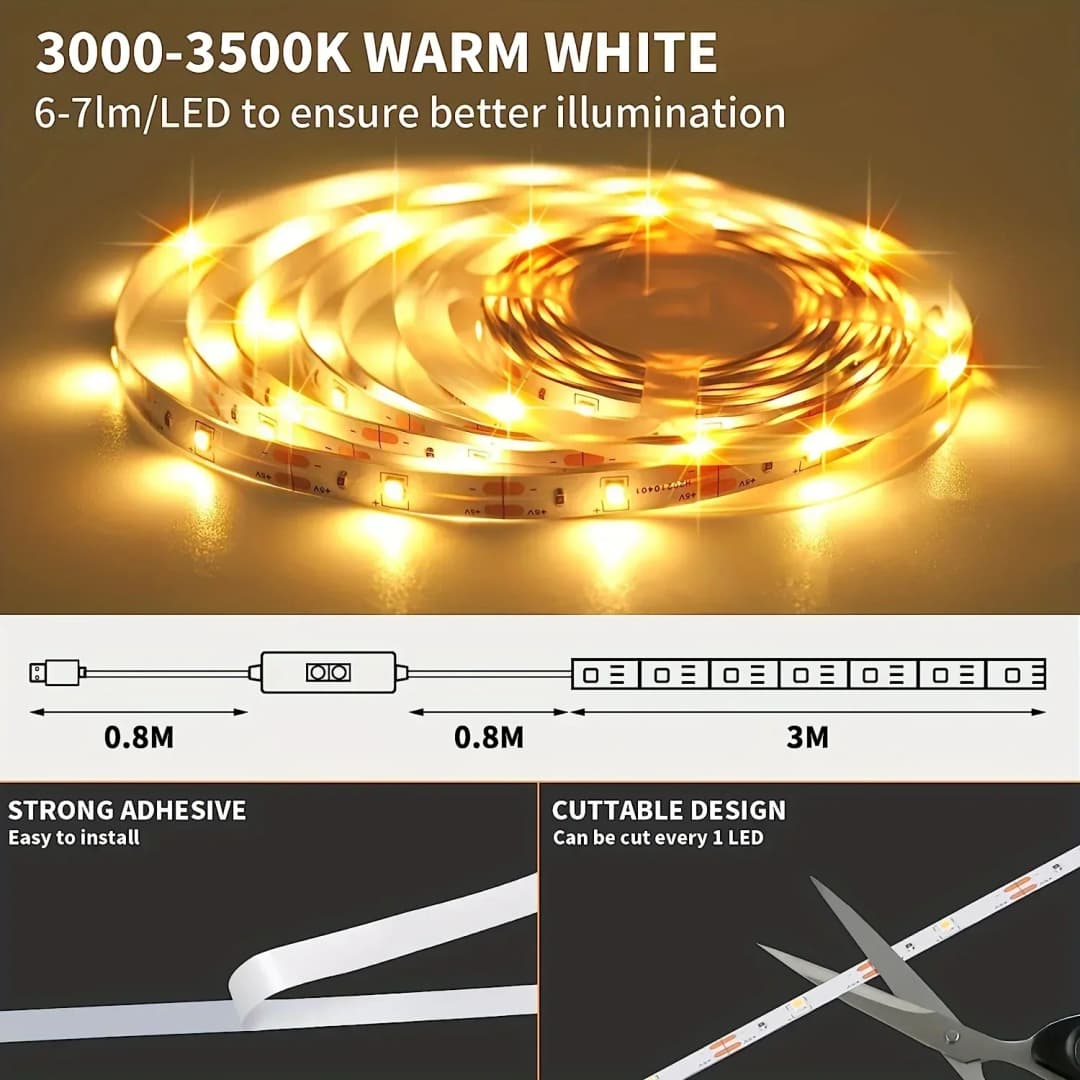 شريط إضاءة LED مع خافت ذكي ومستشعر إيماءات سهل التركيب مناسب لغرف المعيشة والخزائن وإضاءة غرف النوم - 2