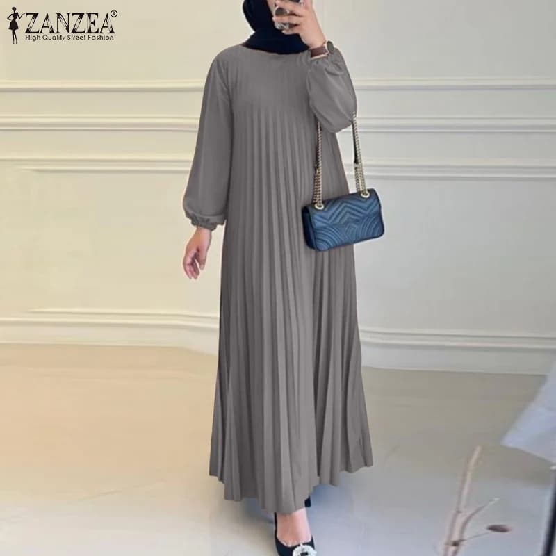Ramadan Muslim Dress Abaya ZANZEA Casual Kaftan Women Long Sleeve Pleated Sundress Hijab Robe Femme IsIamic Clothing Eid Mubarek - 4