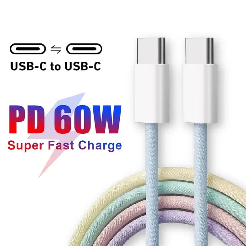 60 واط PD USB-C إلى نوع C كابل آيفون 15 16 برو سلك شحن سريع لهواوي شاومي سامسونج خط كابل بيانات النسيج الملون