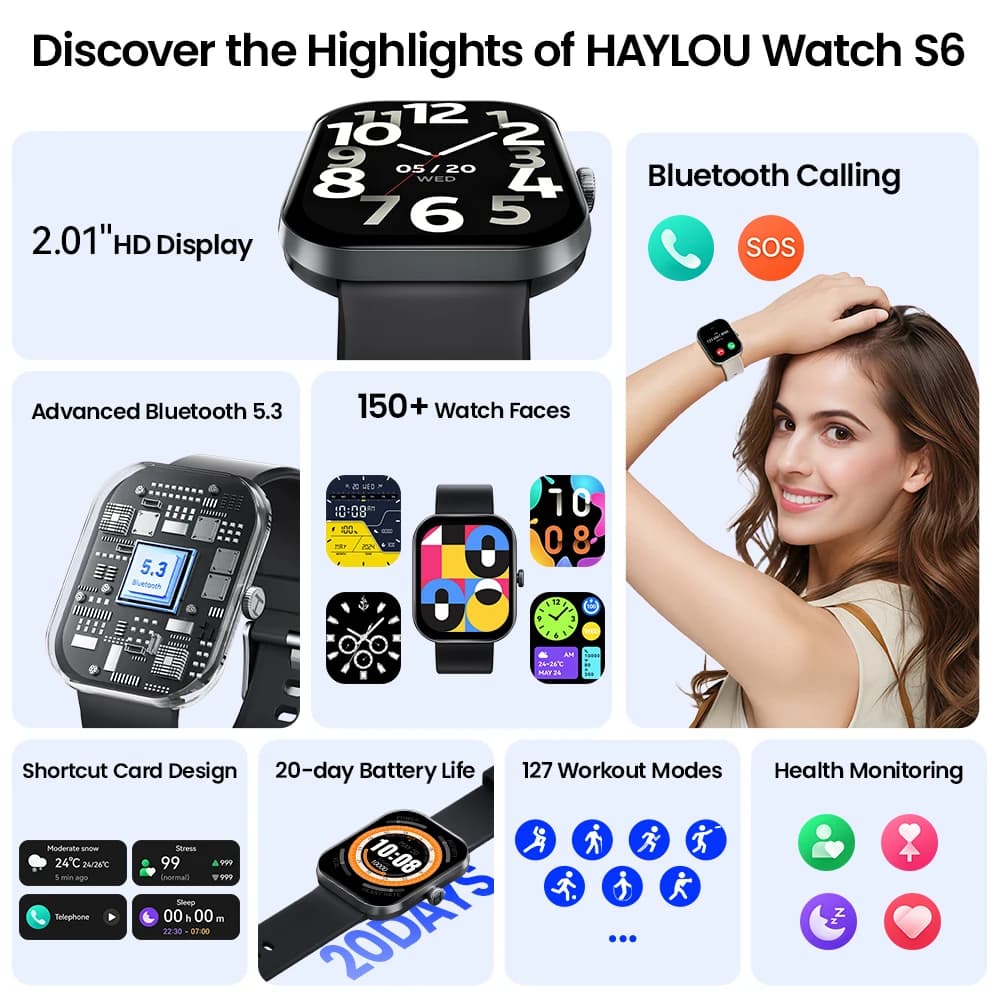 ساعة HAYLOU Watch S6 الذكية بشاشة 2.01 بوصة عالية الدقة، مكالمات صوتية عبر البلوتوث، مقاومة للماء بمعيار IP68، تتبع اللياقة البدنية - 2