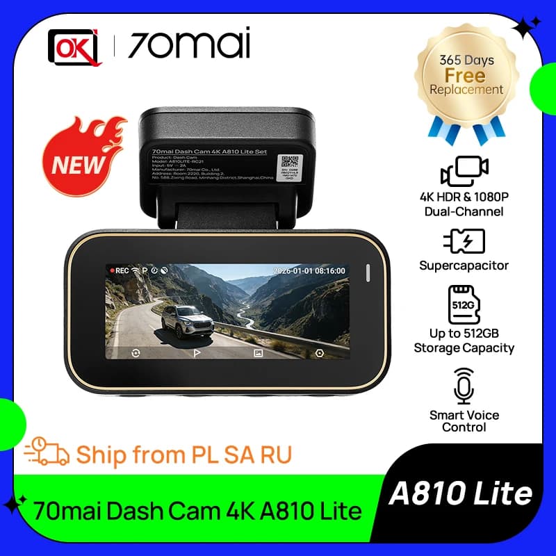 كاميرا 70mai Dash Cam 4K A810 Lite HDR بقناتين مع مكثف فائق الدعم، تحكم صوتي ذكي، ومراقبة وقوف السيارات على مدار الساعة طوال أيام الأسبوع، ووظيفة 4G لتسجيل الفيديو في السيارة