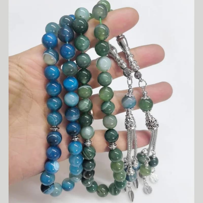 33pcs10mm blue agate beads natural stone material Muslim rosary daily bracelet TASBIH, Middle East high-end worship prayer brace - 3