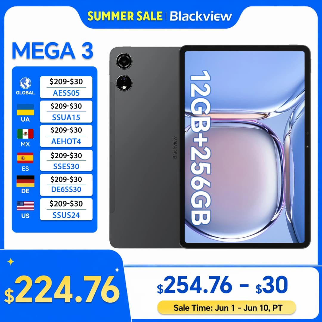 جهاز بلاك فيو ميجا 3 اللوحي بشاشة 12.1 بوصة 2.5K FHD+، معالج MTK G100 ثماني النواة، ذاكرة وصول عشوائي 12 جيجابايت، ذاكرة داخلية 256 جيجابايت، بطارية 8800 مللي أمبير، كاميرا 50 ميجابكسل، شاحن 33 واط، أندرويد 15