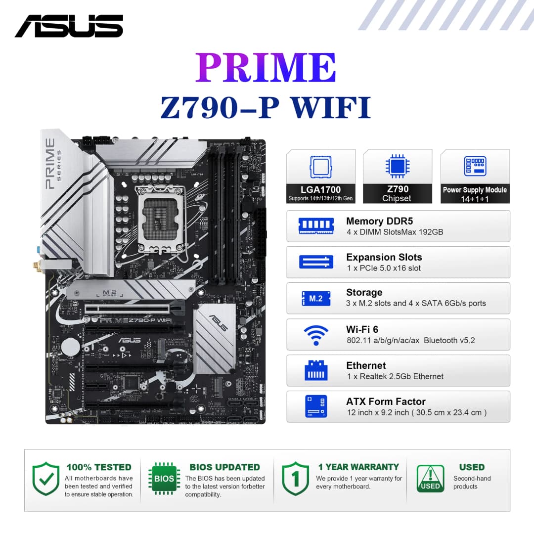 لوحة أم ASUS PRIME Z790-P WIFI مقبس Intel LGA1700 لمعالجات الجيل 14 و13 و12 ذاكرة DDR5 7200+ (OC) شريحة Z790