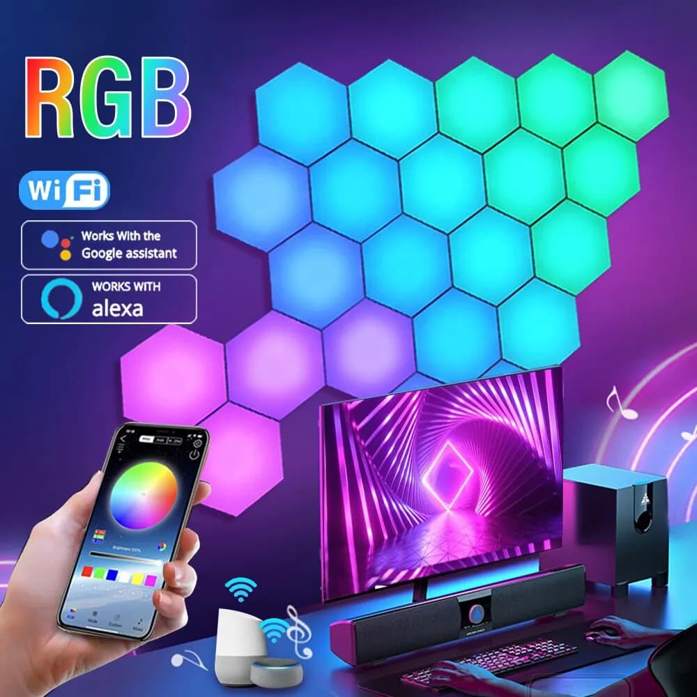 مصابيح حائط سداسية ذكية RGB، إضاءة ليلية متغيرة الألوان، شكل DYI، تحكم عبر التطبيق لإيقاع الموسيقى لغرف الألعاب والنوم