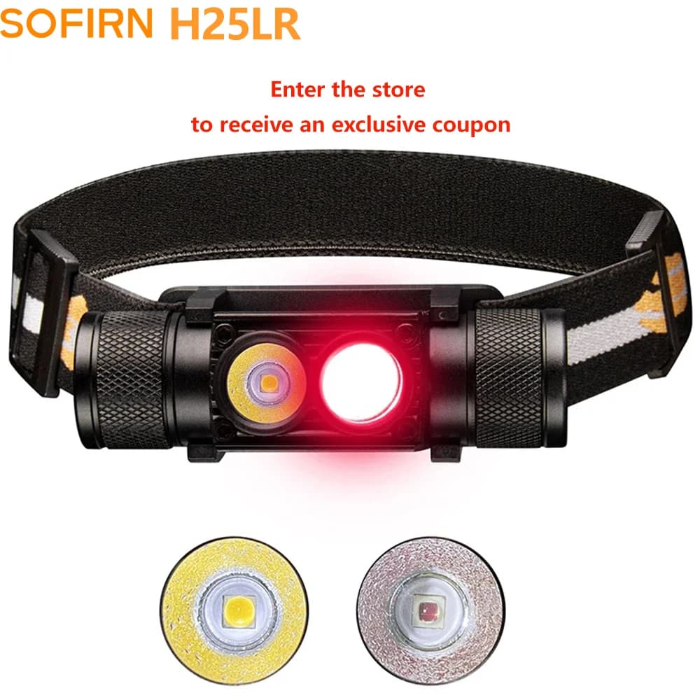 مصباح رأس LED قابل لإعادة الشحن من H25LR، كشاف رأس قوي مع ضوء أبيض ساطع 90 CRI وضوء أحمر عميق 660nm