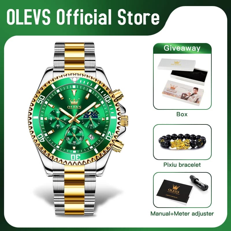 OLEVS Men's Watches Top Brand Luxury Watch for Men Original Waterproof Stainless Steel Chronograph Moon Phase Date Rota Dial - 3