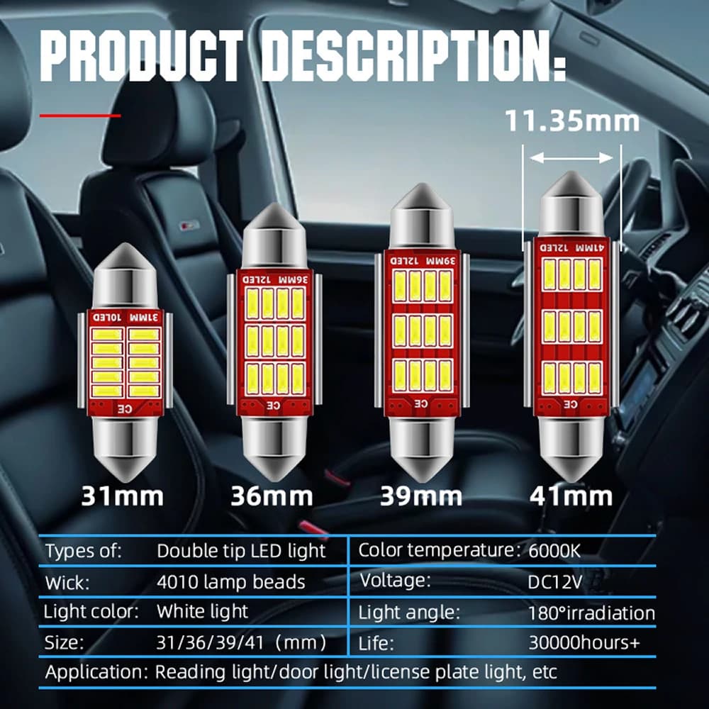 مصابيح لوحة ترخيص LED C5W مقاس 31MM 36MM 39MM 41MM، 12 SMD، إضاءة قبة Festoon، مصابيح باب وصندوق السيارة، أبيض 12V DC - 3