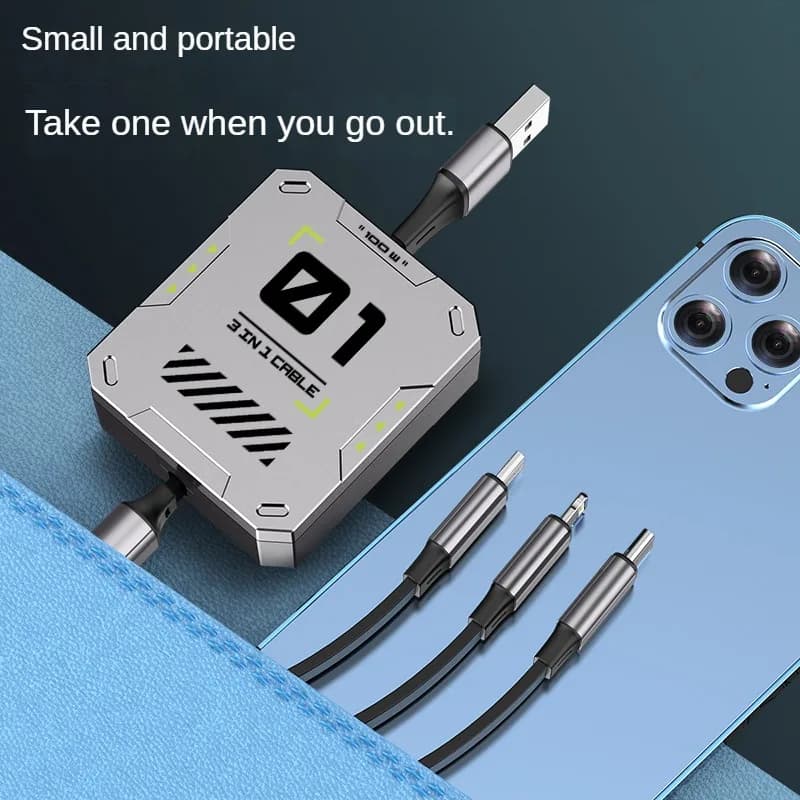 3 in 1 Multi Retractable USB Phone 100W Fast Charging and Data Cable for Lightning/Android/Type-C Devices - 4