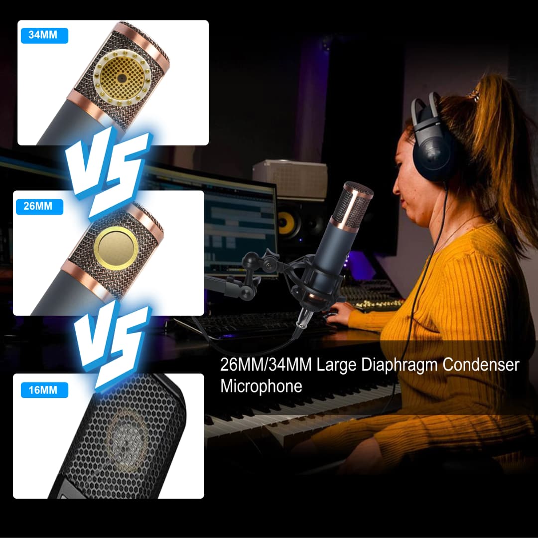TF39 Condenser Microphone 26mm / 34mm Large Diaphragm XLR Studio Recording Mic for Vocals Podcasting Streaming Home Studio - 3