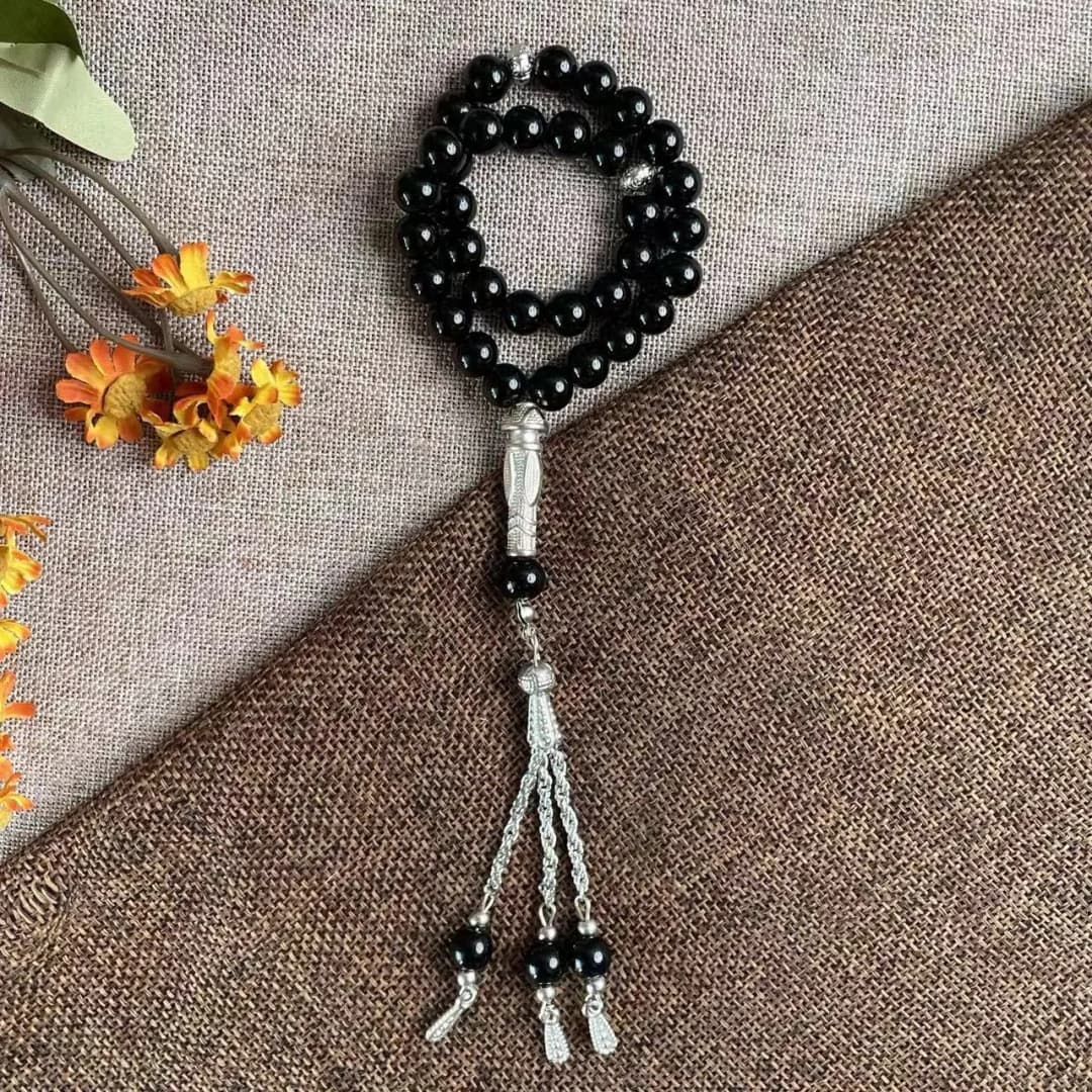 33 حبة خرز زجاجي أسود 8 ملم، مسبحة تسبيح إسلامية يدوية، شكل هندسي، أسورة تلاوة يومية للعبادة للجنسين - 4