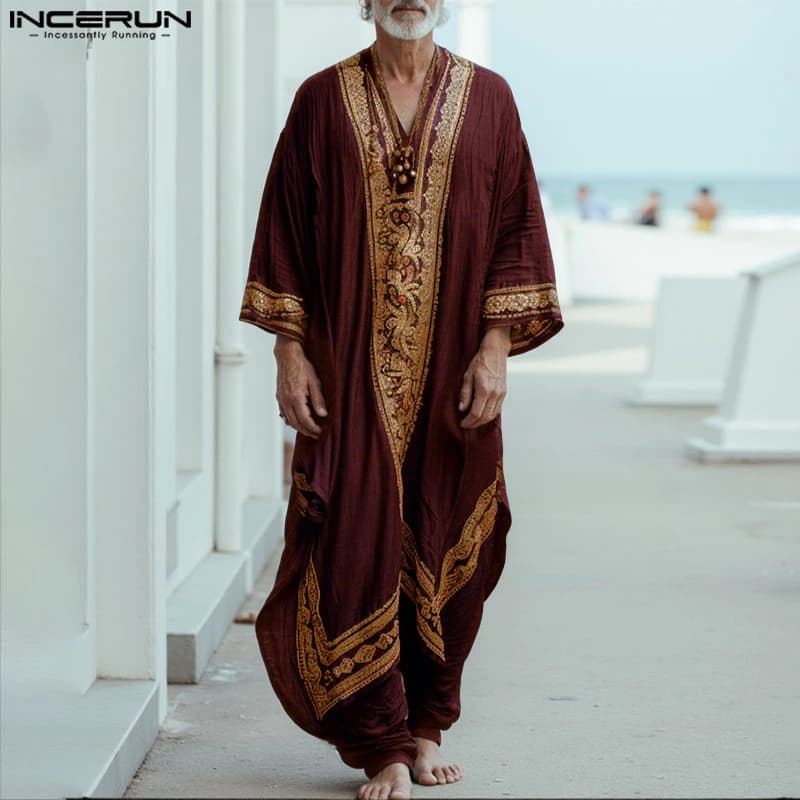 INCERUN Men Jubba Thobe Printing Patchwork V Neck Long Sleeve Male Robes Muslim Kaftan Loose 2025 Arab Casual Men Caftan Abaya - 2