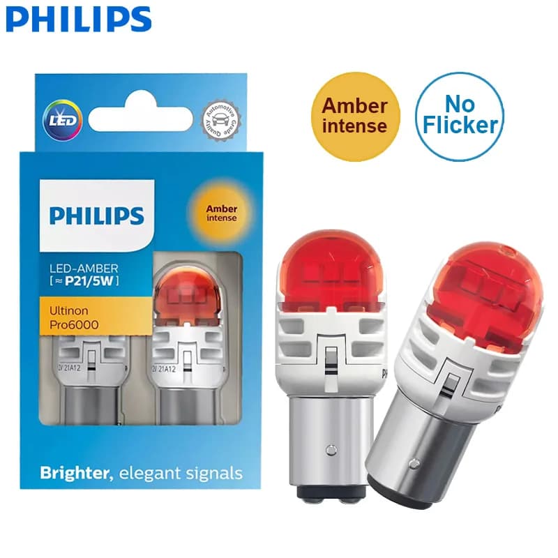 Philips Ultinon Pro6000 LED P21/5W BAY15d Two Contacts Amber Yellow Car Turn Signal Fog Lamp No Flash No Flicker 11499AU60X2