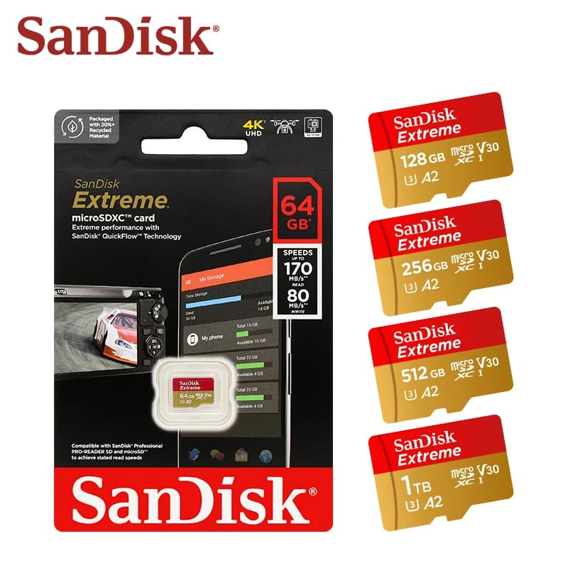 سان ديسك إكستريم A2 V30 4K بطاقة ذاكرة MicroSD للطائرات بدون طيار الهاتف كاميرا السيارة بسرعة قصوى 190 ميجابايت/ثانية بطاقة microSDXC فلاش TF 32 جيجابايت 64 جيجابايت 128 جيجابايت 256 جيجابايت - 3