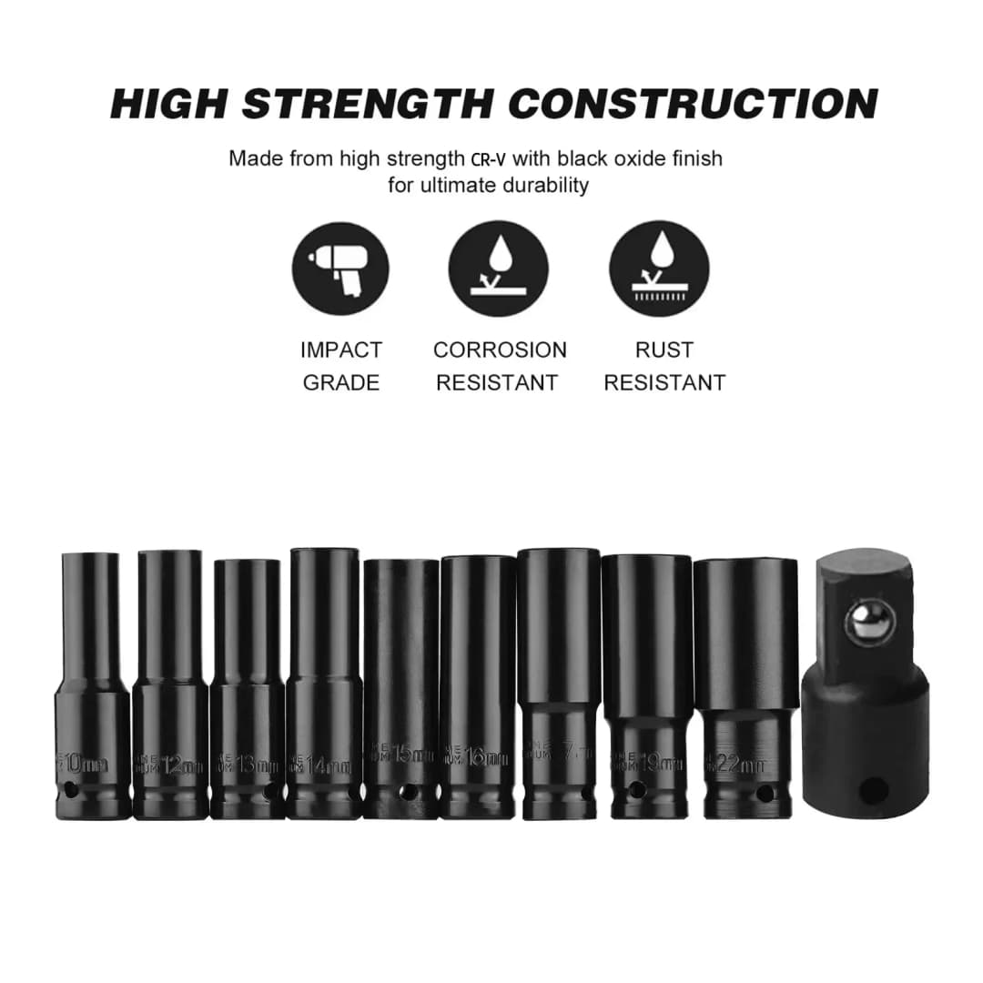 10pcs 1/2 Drive Metric Heavy Duty Impact Socket Set Universal Deep Wrench Sockets for Pneumatic Air Repair Tools - 3