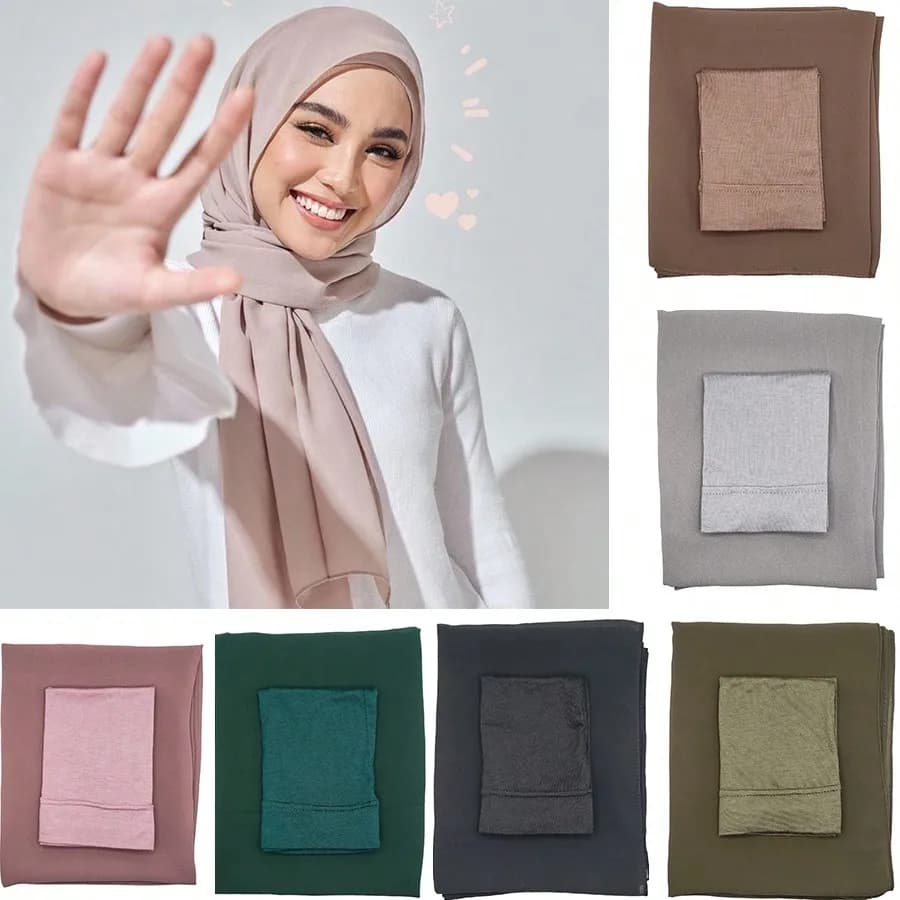 طقم حجاب وغطاء رأس نسائي مكون من قطعتين للاستخدام اليومي حجاب مسلم وشاح شيفون وغطاء رأس مرن عمامة أنبوبية أوشحة رأس