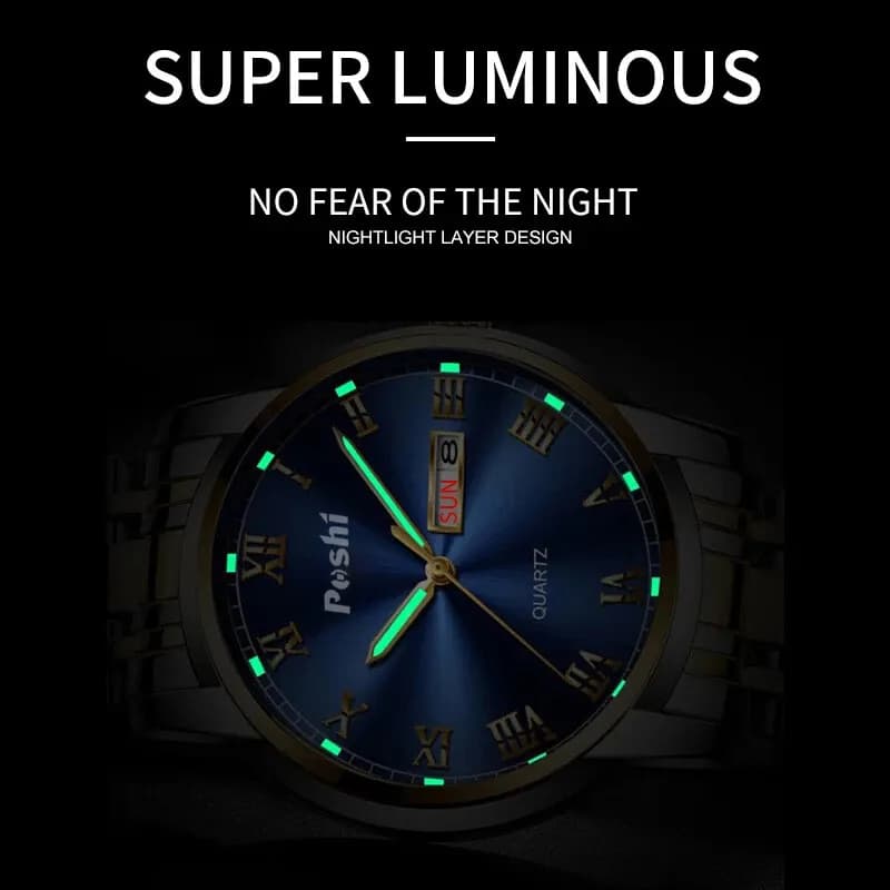 POSHI Stainless Steel Quartz Wrist Watch for Man Luxury Week Date Display Luminous Bracelet Fashion Men's Watch Original Clock - 5
