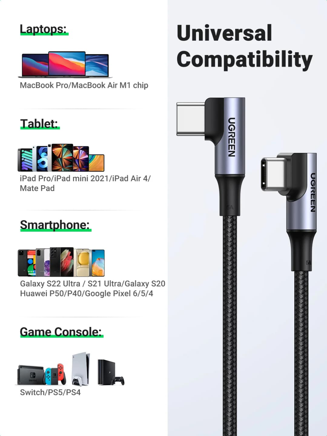 UGREEN 90 Degree PD100W USB C to USB C Charging Cable for iPhone 17 Samsung MacBook iPad Quick Charger 4.0 PD Fast Charging Cord - 4