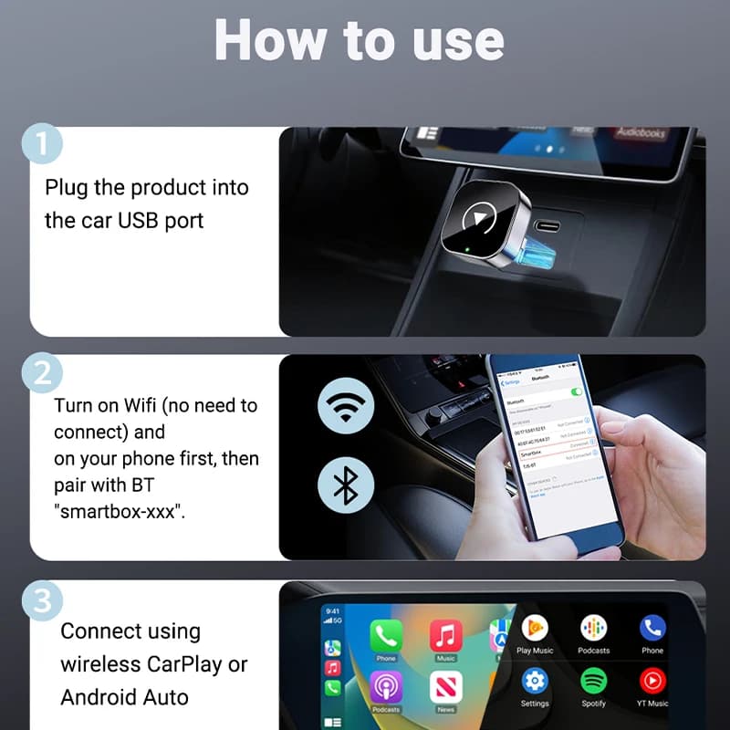 محول جديد صغير 2 في 1 لاسلكي CarPlay وAndroid Auto 5GHz واي فاي، Type-C/USB تشغيل فوري صندوق ذكي لإكسسوارات السيارة - 2
