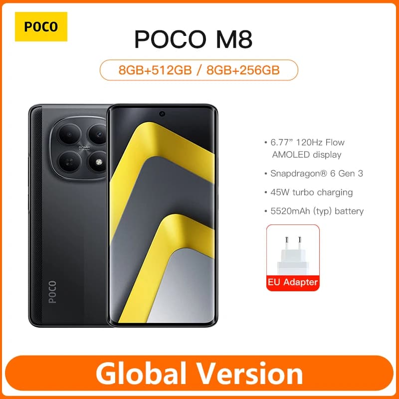 هاتف POCO M8 5G نسخة عالمية سنابدراجون® 6 الجيل 3 شاشة 6.77 بوصة AMOLED بطارية 5520 مللي أمبير 45 واط NFC
