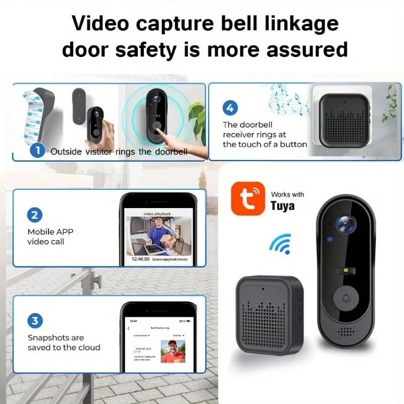 جرس باب فيديو ذكي من Tuya WiFi للمنزل، كاميرا باب ثنائية الاتجاه HD بدقة 1080P، يدعم بطاقة SD وتخزين سحابي، مقاوم للماء - 5