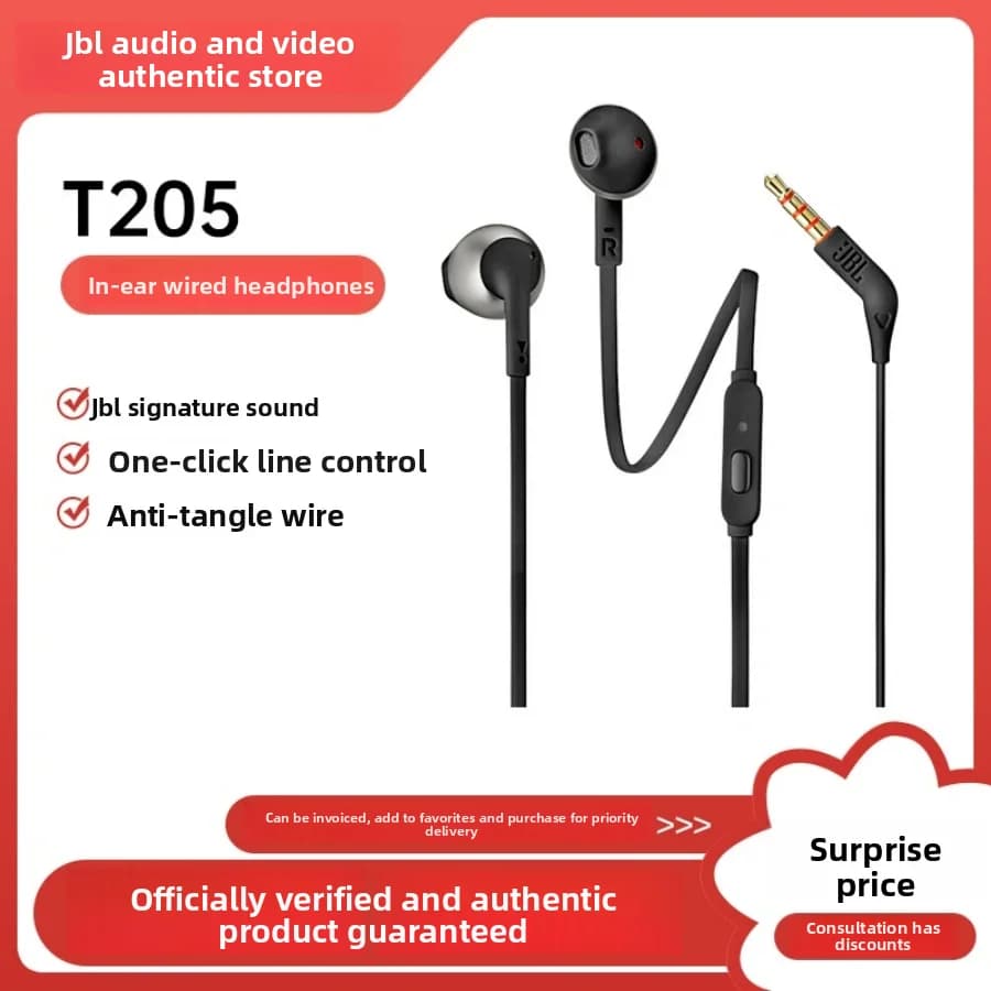 سماعات أذن أصلية JBL T205 نصف داخل الأذن مع خطاف فوق الأذن وسماعات أذن سلكية مع مايكروفون وباس قوي للمكالمات الهاتفية والاستخدام اليومي