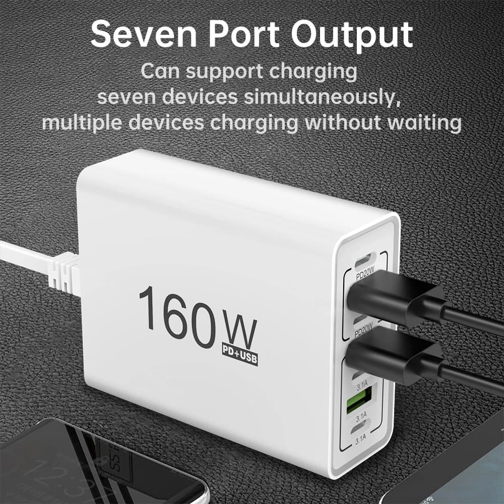 160W USB Charger 7-Port Multi Device Fast Charging Station PD QC3.0 Built-in Cable for iPhone Samsung Xiaomi iPad EU US Plug - 2