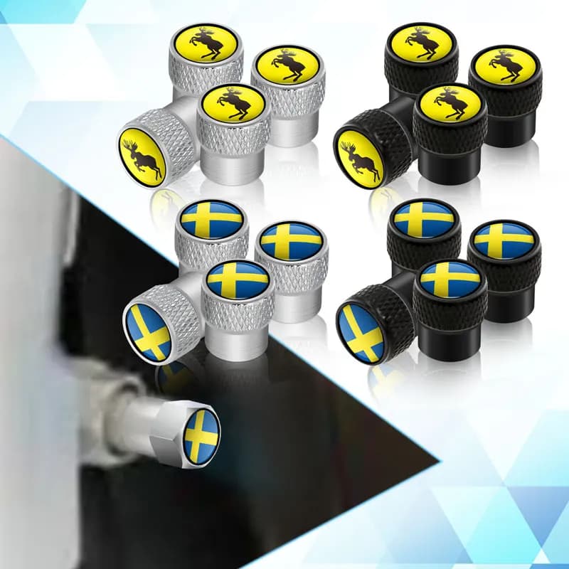 أغطية صمامات هواء الإطارات بشعار اختبار الموظ/العلم السويدي لسيارات فولفو V40 V60 XC40 XC60 XC90 C30، 4 قطع