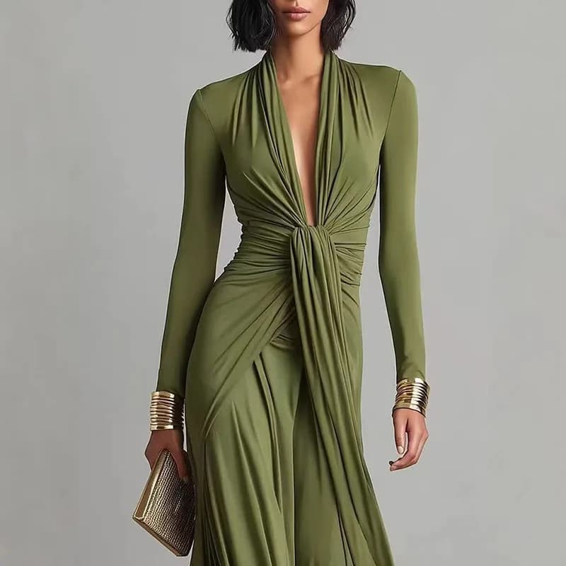 Women's Elegant Deep V Neck Maxi Dress Spring Twist Knot Ruched Floor-Length Evening Gown Autumn New Long Sleeve Slim Boho Dress - 5