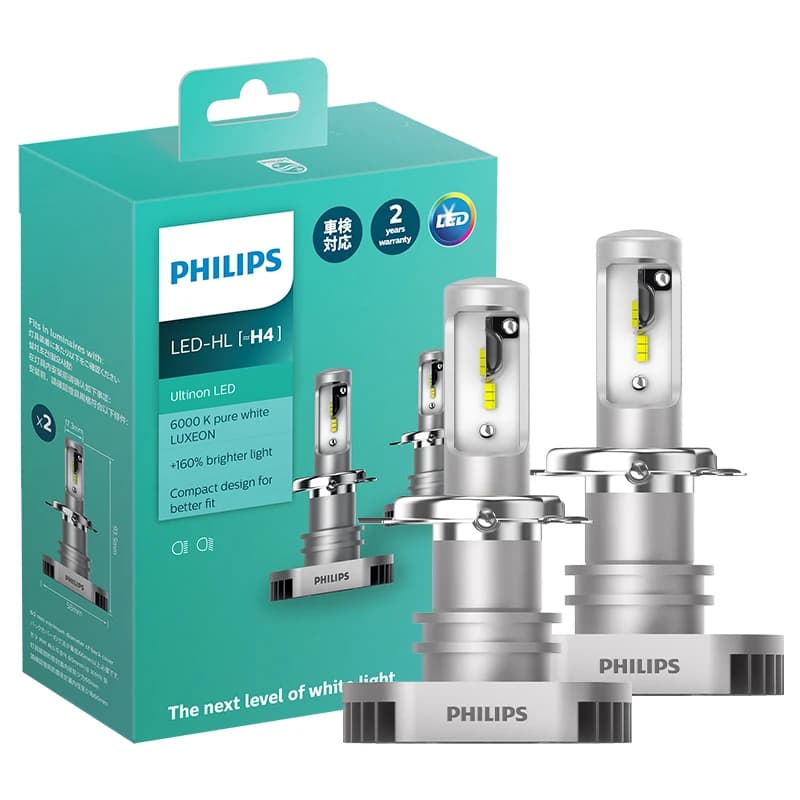 Philips LED H4 Ultinon LED 6000K Cool White Headlight +160% Bright Car Light Compact Design, Pair
