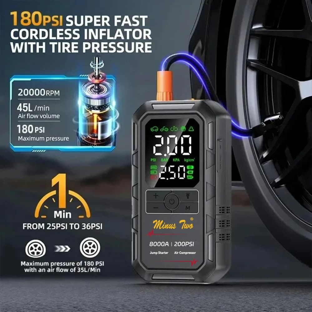 مبتدئ قفزة سيارة 8000A 200PSI مع ضاغط هواء منفاخ إطارات أوتوماتيكي، شاشة LCD كبيرة، إضاءة LED، للسيارات والدراجات النارية - 3