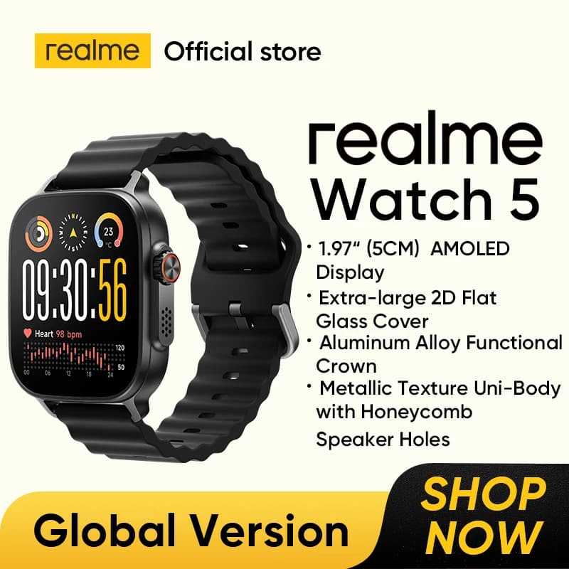 ساعة realme Watch 5 الذكية بشاشة 1.97 بوصة مسطحة AMOLED مع بوصلة وGPS مستقل و5 أنظمة GNSS وبطارية تدوم 14 يومًا وبطاقة NFC ومقاومة للماء IP68