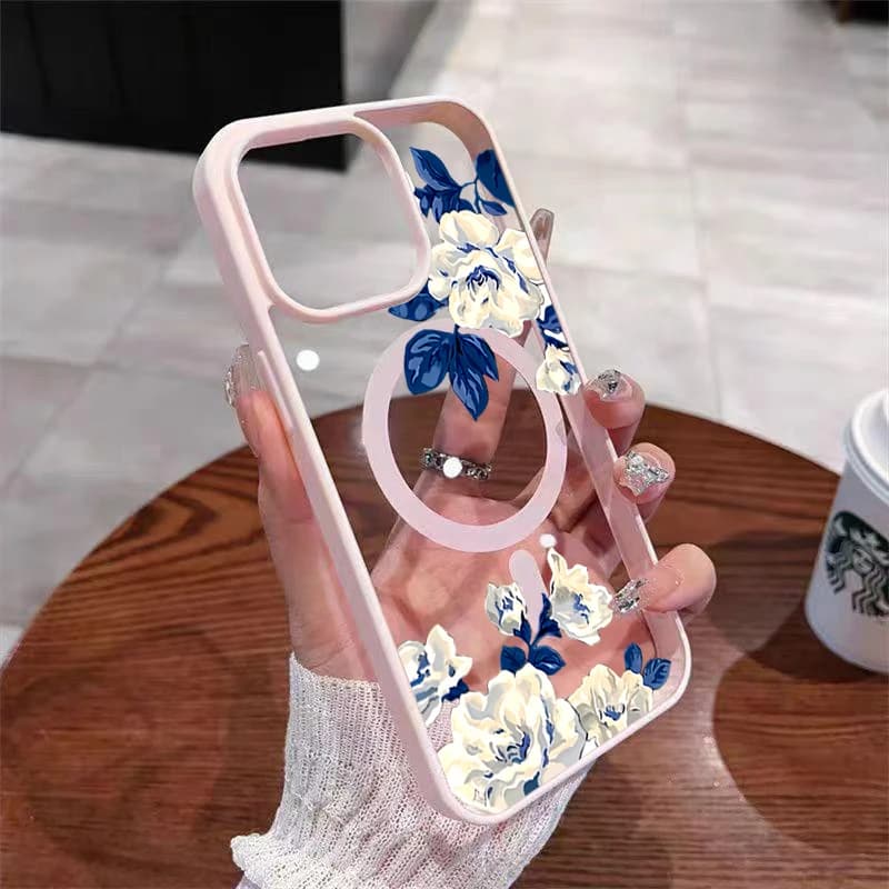 غطاء هاتف مغناطيسي شفاف بنمط معكرون ووردة بيضاء لليلة لهاتف آيفون 17/16/15/14/13/12 برو ماكس و15/16 زائد و17 الهواء و11 - 5