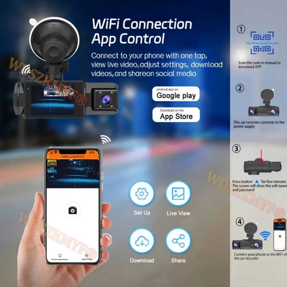 كاميرا سيارة واي فاي 2/3 قنوات، كاميرا أمامية وخلفية 1080P، مسجل فيديو، صندوق أسود، مع خيار كاميرا رؤية خلفية - 3