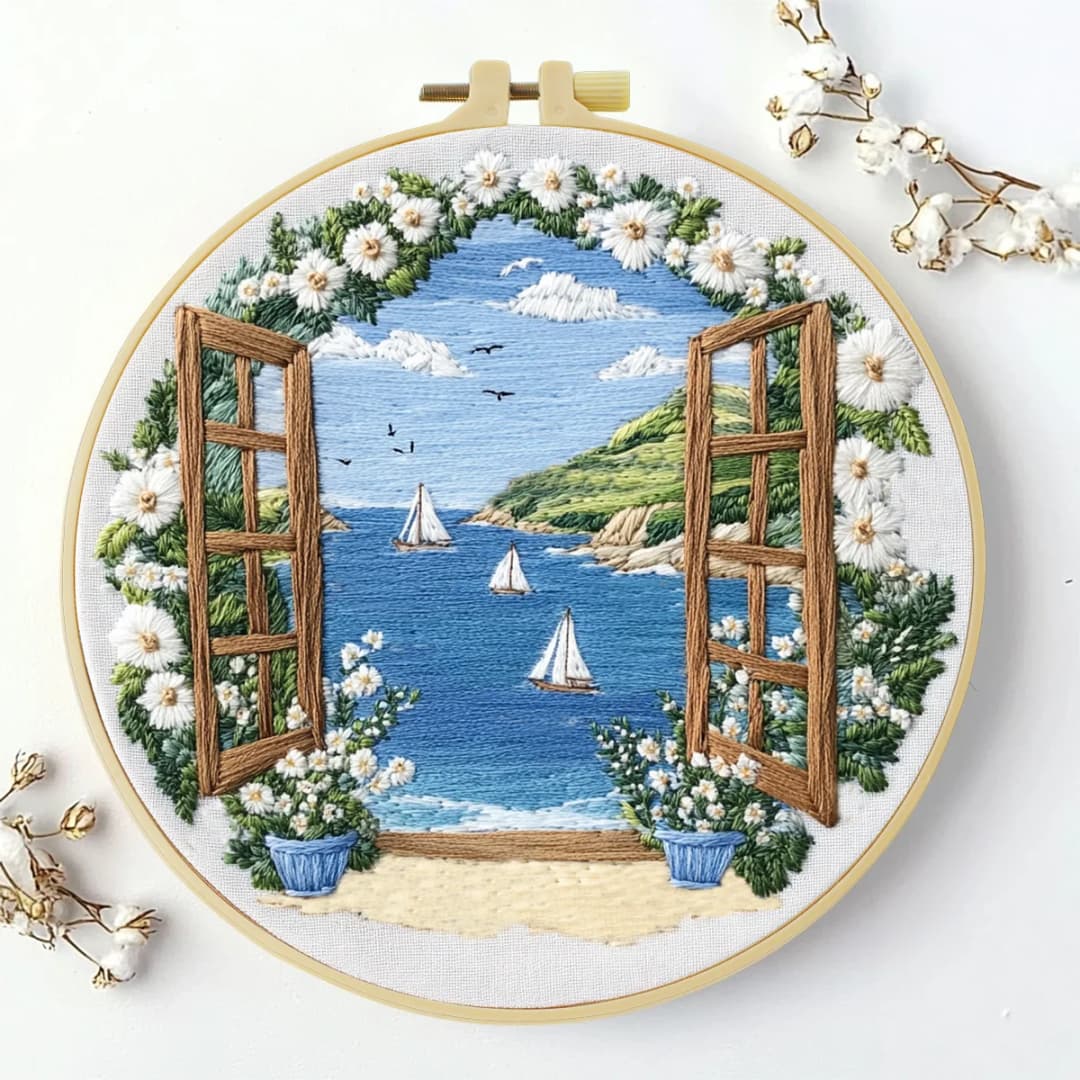 1pc 20X20CM/15X15CM 7.87/6.3inch Embroidery Starter Kit DIY kit Home Decor，Seaside view，Embroidery kit - 3