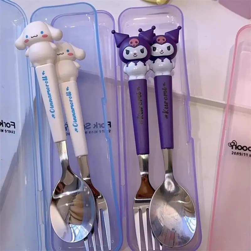 New Kuromi Hello Kitty Cinnamoroll Spoon Fork 2 Pcs Set Stainless Steel Cartoon Cute Kid Tableware Kitchen Supplies Gift - 5