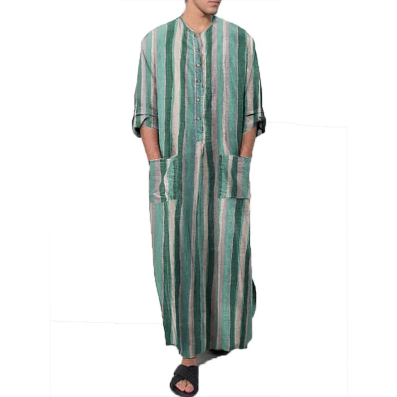 Men's Muslim Long Sleeve Cotton Striped Robes Islamic Arabian Kaftan Suit Middle East Dubai Abaya Retro Spring Clothing 2025 New - 6