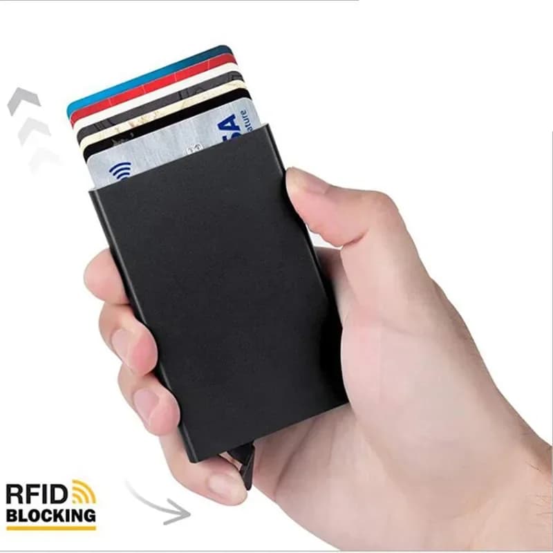 محفظة ذكية مع حماية RFID، حامل بطاقات معدني رقيق، محفظة صغيرة سوداء للرجال والنساء - 2