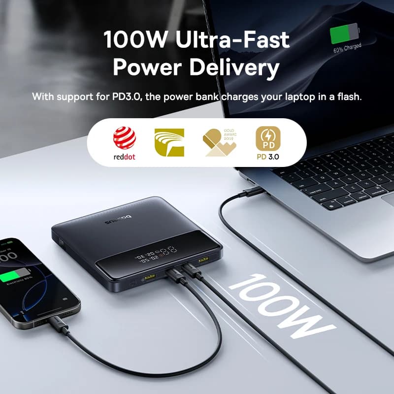 بنك طاقة Baseus 100W سعة 20000mAh PD شحن سريع شاحن بطارية للكمبيوتر المحمول MacBook iPhone Samsung Xiaomi - 3