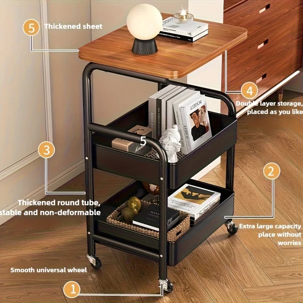 Metal 3-Tier Kitchen Island Cart with Tabletop Storage Snack Rack Durable Steel Frame Rolling Wheels - 6